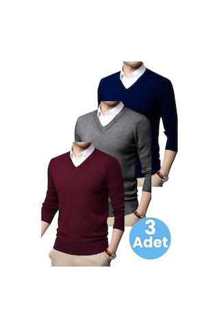 Tezzgelsin 3'lü Erkek V Yaka Uzun Kol Triko Tüylenmez Süveter Erkek Slim Fit Süveter Bordo - Füme - Lacivert