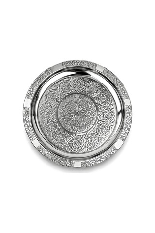 Binbir Trend 24 Cm Otantik Desenli Krom Çelik Kebap, Izgara, Meze Ve Servis Tabağı 6 Adet Gümüş