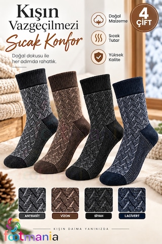 Footmania 4 "lü Termal Yün Erkek Kışlık Soket Çorap Seti %100 Isı Çoklu Renk