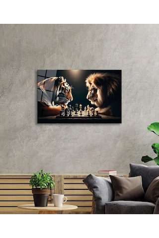 Satranç Ustaları Kaplan Vs Aslan Cam Tablo Evlika Yapay Zeka Hediyelik Büyük Tablo Ev Ofis Dekoru