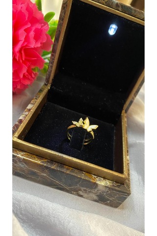 Kelebek Figürlü Zirkon Taşlı Mineli Tasarım Çelik Yüzük Gold - Gümüş