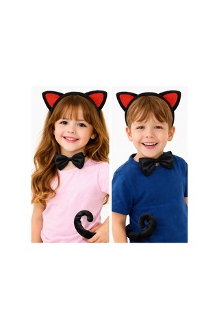 Kırmızı Kulaklı Kedi Kostüm Seti Taç, Papyon, Kuyruk