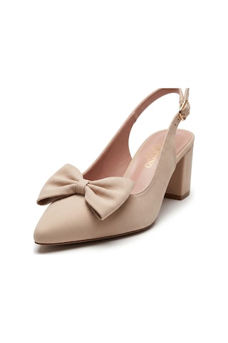 Rayvora Kadın Şık Fiyonk Detaylı Dış Materyal Kumaş Orta Topuk 5.5 Cm Slingback Günlük Ve Abiye Stiletto Klasik Topuklu Ayakkabı 5.5 Cm Bej