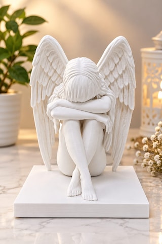 3d Melek Heykeli Kanatlı Diz Çöken Melek Biblo Dekoratif Heykel - 15 Cm 15x12