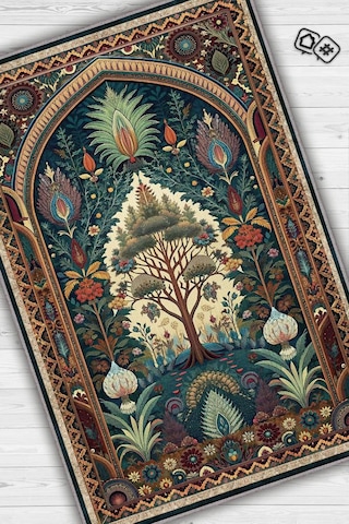 Homshtag Art Deco Etnik Bitki Vintage Halı Görünümlü Dijital Baskı Yeşil Renk Rustik Çiçekli Halı Çok Renkli