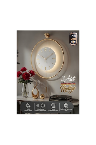 MetaQuartz Aksesuar (Büyük Boy-50*75 cm) İskandinav Kristal Ledli Pilli Duvar Saati Gold