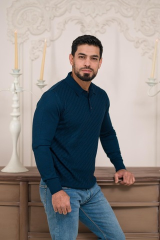 Woolen World Polo Yaka Slimfit Desenli Yünlü Erkek Triko Kazak İndigo