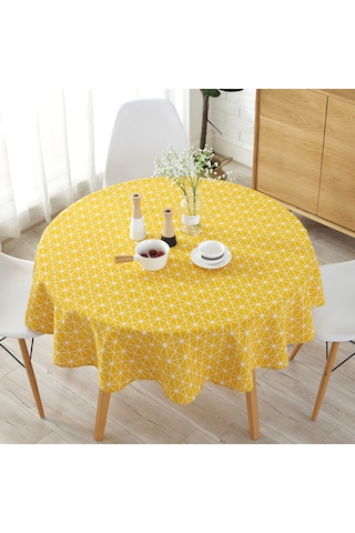 Ximistore9 Koyu Mavi Desenli Yumuşak Keten Masa Örtüsü - 120 Cm Daire Şekilli, Yıkama Dayanıklı, Renk Kaybı Olmayan, Modern Ev Dekoru Sari