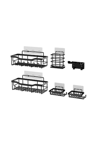 6 Adet / Takım 6 Kanca Tarzı Yumruksuz Karbon Çelik Depolama Sepeti Banyo Drenaj Organizasyon Rafı Gümüş