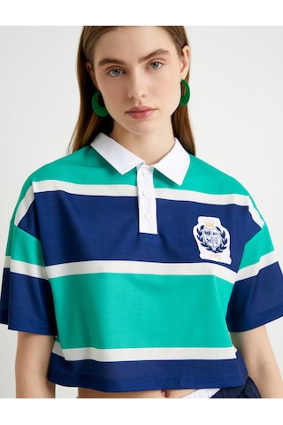 Koton Polo Yaka Tişört Crop Düğmeli Kısa Kollu Rahat Kalıp Yeşil Çizgili 4sal11093ık Yeşil