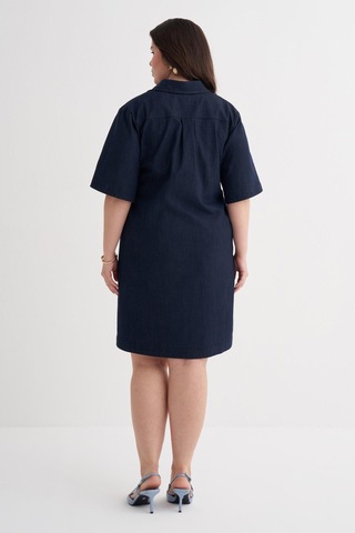 Kısa Kollu Cepli Denim Elbise-6244 Mavi