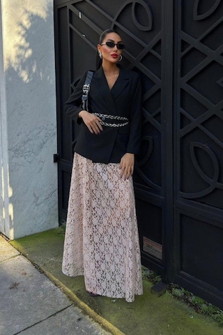 Crimson Grace Kadın Vizon Dantel Maxi Etek Şık Yazlık Tasarım Vizon