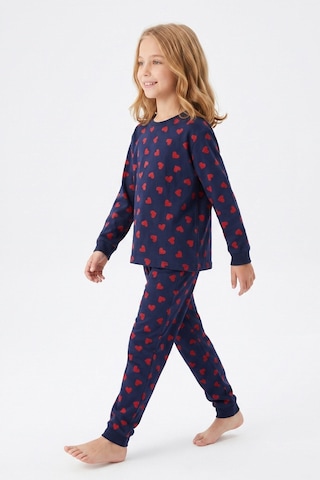 Bunny Hopp Kız Çocuk Uzun Kollu Pijama Takımı %100 Pamuk Lacivert Kırmızı Kalpli Penye