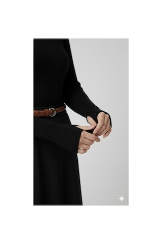 Sonbaharmoda Kadın Boğazlı Likralı Triko Badi Parmak Geçmeli Kol, Tek Beden,100% Akrilik Siyah