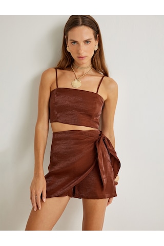 Koton Koton X Şahika Ercümen - Kruvaze Mini Şort Etek Parlak Lyocell Kumaş Slim Fit Kahverengi 4sak70273ew Kahve
