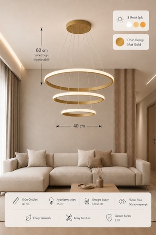 Rizon 3 Lü Led Sarkıt Avize 3 Renk Kumandalı Eskitme
