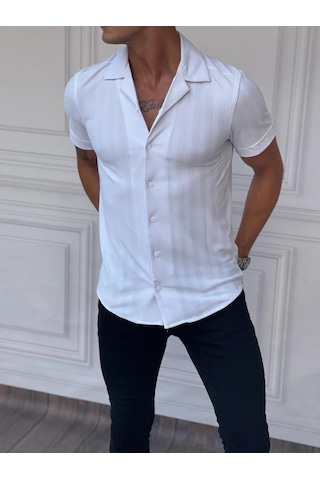 Modefendi Dikey Desen Detaylı Normal Slim Fit Pamuklu Gömlek Beyaz