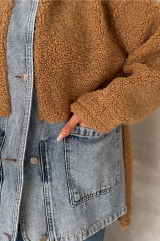 Femelle Kadın Taba Çıtçıt Düğme Kot Garnili Kapüşonlu Peluş Ceket