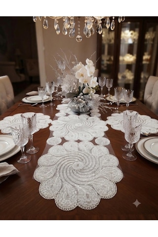 3 Lü Set Örgü Detaylı Beyaz Runner