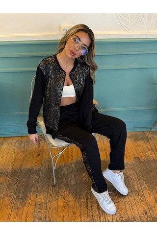 Ahes Shopping Kadın İki İplik Kumaş Yılan Desenli Fermuarlı İkili Takım Siyah