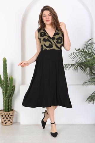 Kadın Siyah Haki Tiger Desen Bloklu Biye Detay Kruvaze Elbise-haki Haki