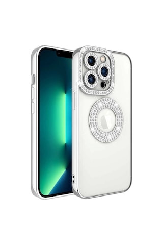 Apple Uyumlu iPhone 13 Pro Kılıf Kamera Korumalı Taş Süslemeli Arkası Şeffaf Redclick Asya Kapak - Gümüş