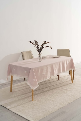 Silvio Pudra Güpür Çiçekli Masa Örtüsü 160x220 Cm Pudra