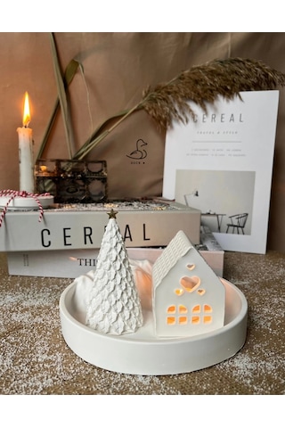 Dağ Görünümlü Tabak Çukur Ev Şeklinde Tealight Mumluk Çam Ağacı Dekor 2 Li Set