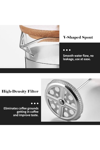 Mufunye 600ml Borosilikat Cam Fransız Presi: Ahşap Kollü, Çelik Filtreli, Kahve/çay Hazırlama, Kolay Temizleme Renkli