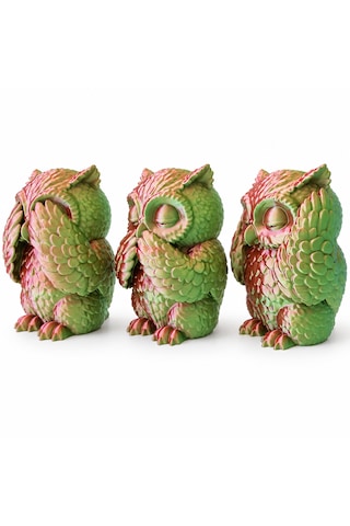 Üçlü Görmedim Duymadım Söylemedim Baykuş Seti Renk Değişimli 3d Baskı Dekoratif Figür 9,5 X 6,5 Cm Pembe - Yeşil