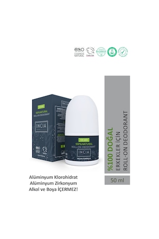 INCIA %100 Doğal Roll On Deodorant Erkekler İçin Ter Kokusu Önleyici Leke Yapmayan 50 ML
