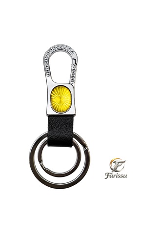 Premium Taşlı Karabina Kancalı Deri Anahtarlık - Sarı Reflektörlü & Çift Halkalı Gri