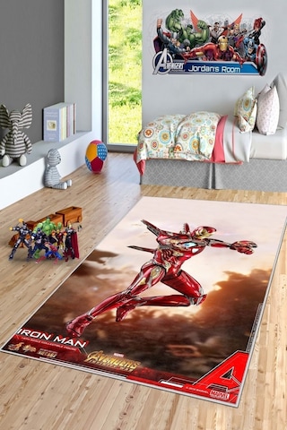 West Home Makinede Yıkanabilir Kaymaz Taban Leke Tutmaz Süper Kahraman Desenli Çocuk Halısı Wh 520 Red