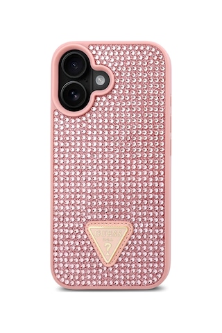 Apple Uyumlu iPhone 16 Plus Kılıf Guess Lisanslı Üçgen Logolu Taşlı Kapak Pembe