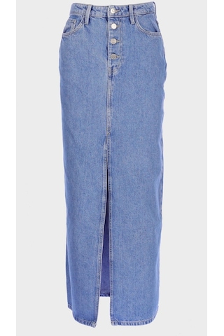 Açık Mavi Yüksek Bel Patı Düğmeli Ön Ve Arka Yırtmaçlı Jean Etek C 4532-035 Açık Mavi