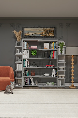 Modern Dönebilen Ayarlanabilir Raflı Ev Ofis Kitaplık %100 Mdf Dekoratif Kütüphane Kitaplık Dk01 Kül Gri
