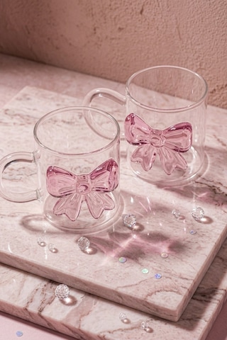 Kapris 2 Adet Pembe Fiyonklu Kulplu Cam Kupa Bardak 400 Ml 7208