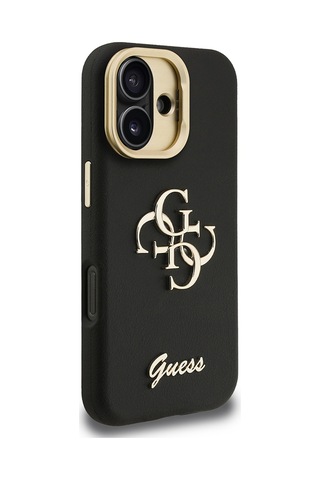 Apple iPhone 16 Uyumlu Kılıf Guess Lisanslı Grained Yazı Logolu Kamera Standlı Kapak Siyah