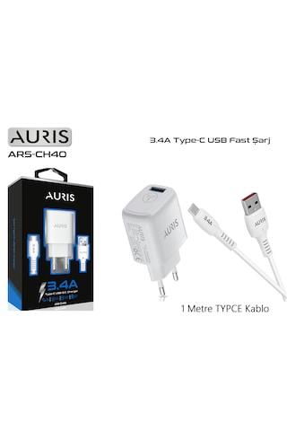 Auris ARS-CH40 3.4A Type C Kablolu Şarj Aleti Beyaz