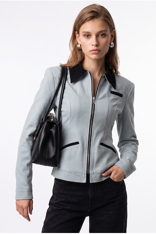 Mixray 2226 Kadın Astarlı Fileto Cepli Çift Fermuar Slim Fit Ceket Buz Mavisi