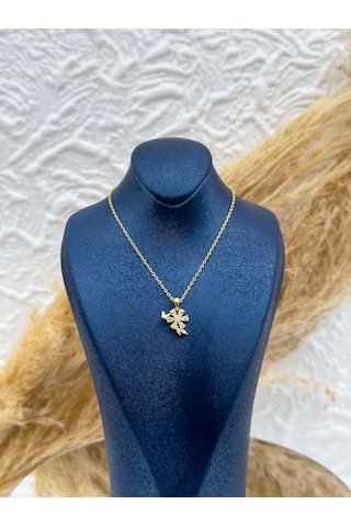 925 Ayar Gümüş Gold Renk Lotus Ve Kelebek Figürlü Kadın Kolye Gümüş