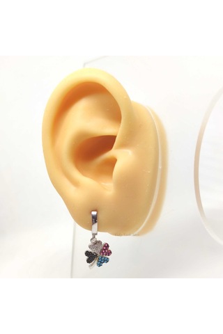 Renkli Yonca Gümüş Halka Küpe - Rodyum Beyaz Beyaz