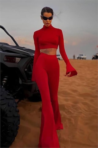 Neşeli Butik Kadın Balıkçı Crop İspanyol Paça Pantolon İkili Takım Nbdf166 Kırmızı
