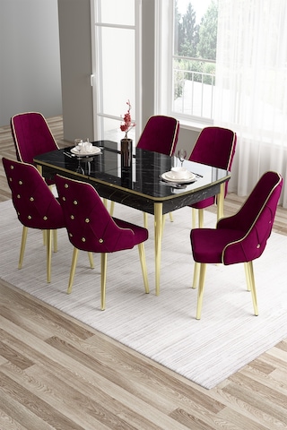 Canisa Concept Tia Serisi 80x132 Mdf Açılabilir Siyah Mermer Desen Gold Detay Masa Takımı Ve 6 Mürdüm Sandalye Masa Siyah Mermer Desen Sandalye Mürdüm