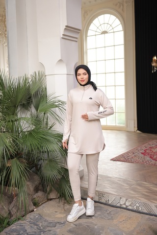 Mimi Luxury Wear Bej Kadın Fermuarlı Dalgıç Kumaş Standart Kalıp Jogger Eşofman Takımı 358