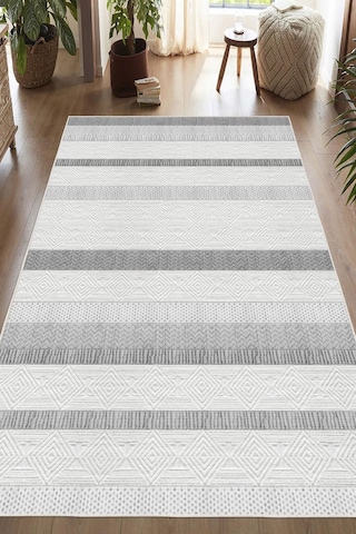 Kilim Desenli Dekoratif Kaymaz Taban Yıkanabilir Halı Salon Halısı Gri