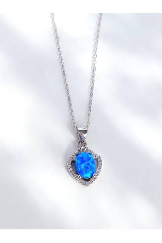 Keskin Gümüş Mavi Opal Taşlı Işıltılı Kalp Tasarım Kadın Gümüş Kolye