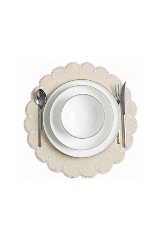 Nakışlı Deri Amerikan Servis 2'li Set Çift Taraflı Yuvarlak Supla 40x40 Cm Almada Bej