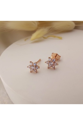 925 Ayar Gümüş Beyaz Taşlı Minimal Lotus Küpe Rose