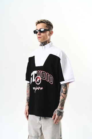 Respire Erkek Studio Nakışlı Yarım Fermuarlı Oversize T-shirt Siyah
